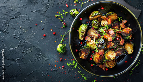 gourmet roasted brussels sprouts with bacon bits and red pepper on dark plate