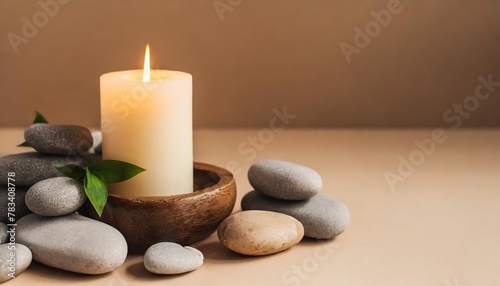 aroma candle on beige background warm aesthetic composition with stones cozy home comfort relaxation and wellness concept interior decoration mockup