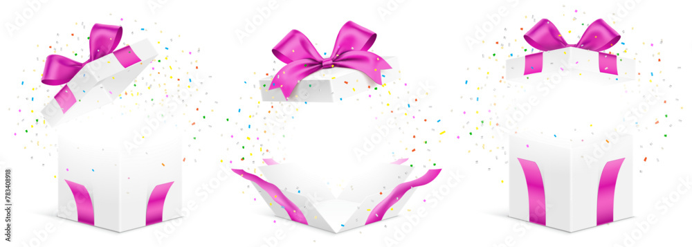 Vector set of white gift boxes with pink ribbons and exploded colorful confetti isolated on a white background. Unfolded surprise giftbox, vector illustration. - obrazy, fototapety, plakaty 