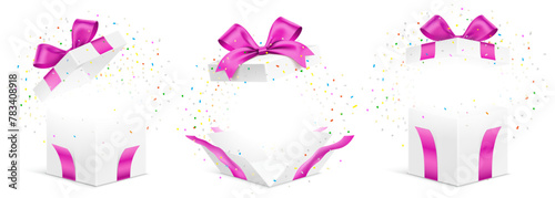 Vector set of white gift boxes with pink ribbons and exploded colorful confetti isolated on a white background. Unfolded surprise giftbox, vector illustration.