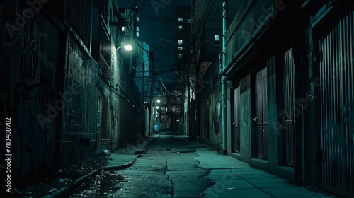 A dimly lit and eerie urban city alleyway under the cover of night.