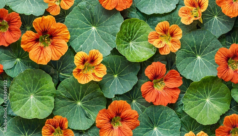pattern of round nasturtium leaves and orange flowers green seamless wallpaper design of circle shaped plants