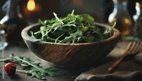 fresh arugula salad in a wooden bowl