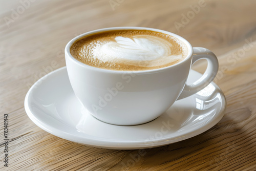 An elegant white cup filled with cappuccino, sitting on top of the saucer, set against a wooden table background