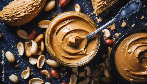 peanut butter texture swirls background creamy smooth peanut butter backdrop organic food american cuisine top view photo