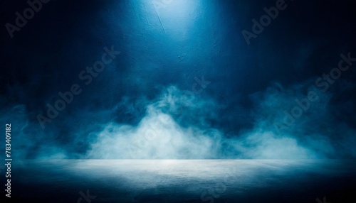 empty dark blue abstract cement wall and studio room with smoke float up the interior texture for display products wall background