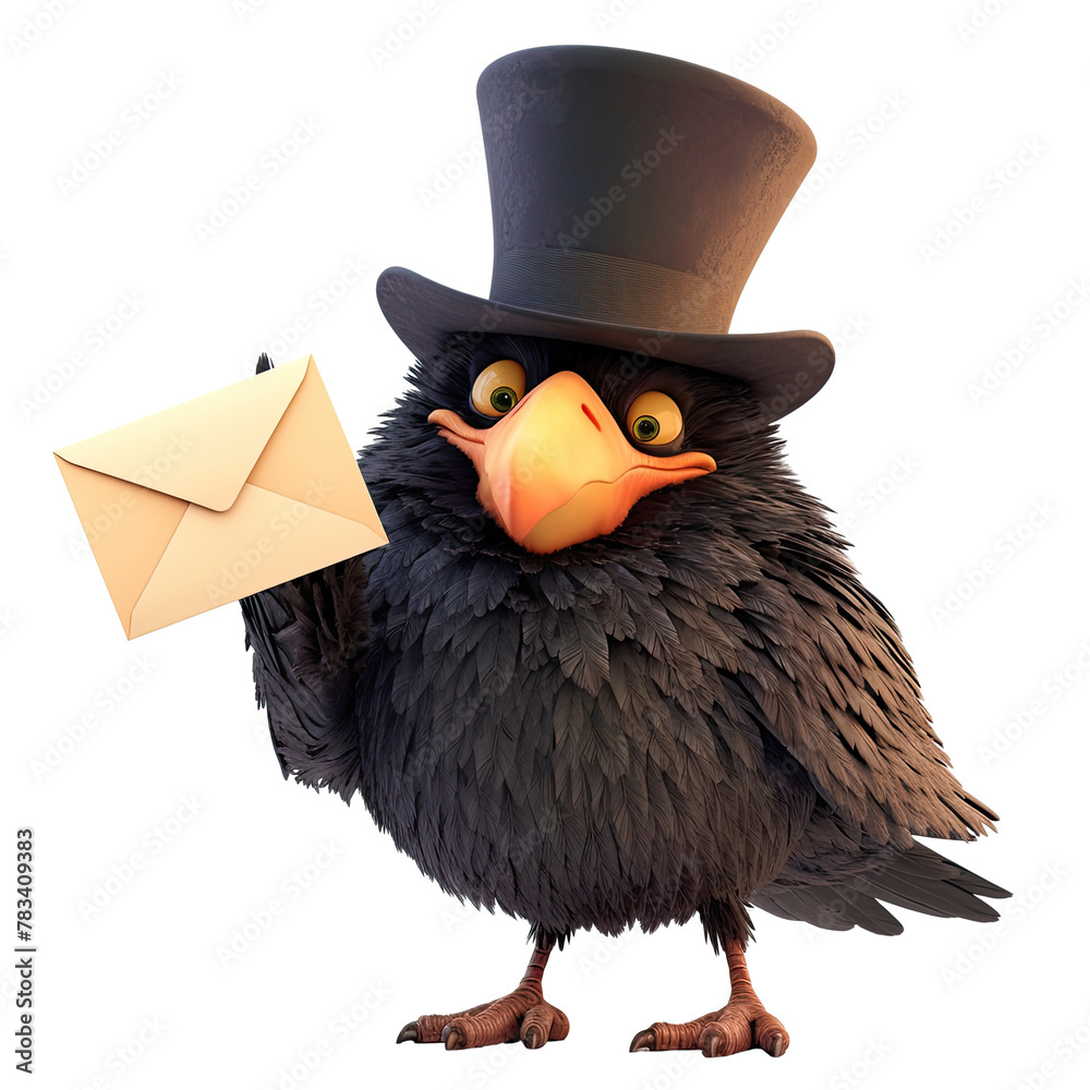 Fototapeta premium Crow, acting mischievously, sends a cartoon postcard while isolated on a transparent background.