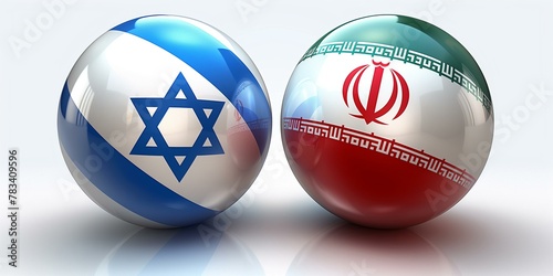 Two flags of Israel and Iran in the shape of two round balls, white background, 3d rendering, 2D illustration style, logo © Tiz21