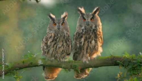 beautiful long eared owl asio otus adult en juvenile sitting on a branch in gelderland in the netherlands photo