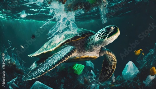 generative ai illustration of a sea turtle navigates through ocean waters entangled with harmful plastic waste depicting the dire effects of pollution © Kira