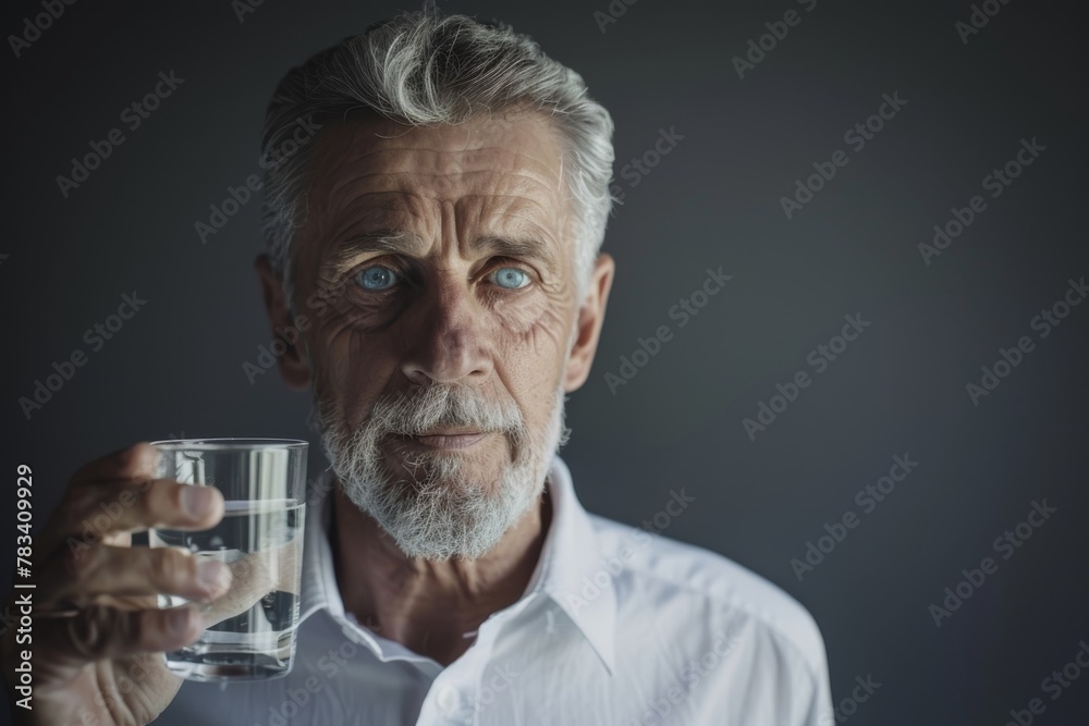 Portrait of a mature man holding a glass of water with a reflective expression, dark background. Mature Man Holding Glass of Water Thoughtfully Portrait of a mature man holding a glass of water with a reflective expression, dark background. Mature Man Holding Glass of Water Thoughtfully
