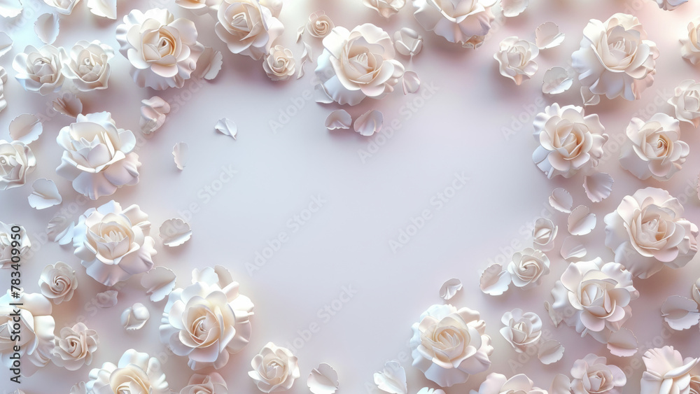 Heart framed white roses, special day celebration background with copy space Heart framed white roses, special day celebration background with copy space