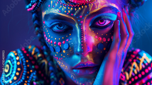 Portrait of woman with ethnic pattern, neon makeup in ultraviolet light. Body Art design of female posing in UV, painted face and hand, colourful make up