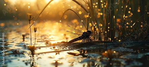 A Delicate Dragonfly Alights on a Verdant Lily Pad  Embracing Still Waters of a Peaceful Pond in Nature s Harmony  Capturing the Essence of Calmness and Beauty in this Serene Moment of Reflection