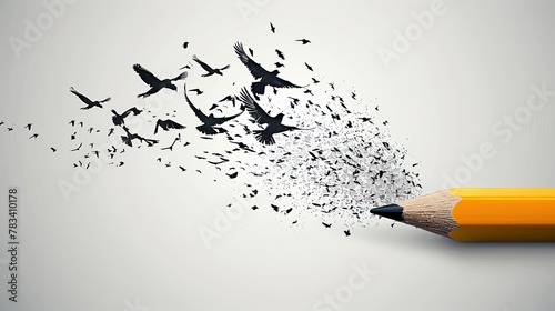 The take flight success concept, which features a pencil tip that breaks off to reveal a flock of birds taking off, is a creative representation of business creativity and marketing education. photo