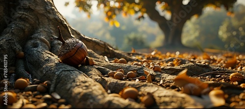 Nature's Cycle: A Fallen Acorn Finds Sanctuary Nestled in the Roots of an Ancient Oak Tree, Symbolizing Renewal, Resilience, and the Continuity of Life in the Forest Ecosystem photo