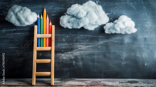 Education concept of Pencil-made ladder next to clouds above a blackboard photo