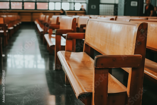Church pews in an empty church, wooden benches, close up on the bench seats photo