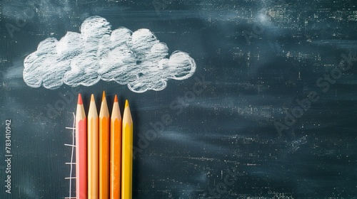 Education concept of Pencil-made ladder next to clouds above a blackboard photo