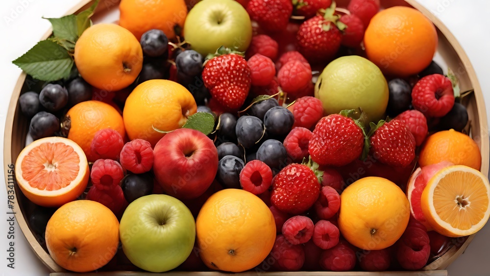 Fruit Melange: Close-Up of Assorted Fruits in Tray, Captured from Above Fruit Melange: Close-Up of Assorted Fruits in Tray, Captured from Above