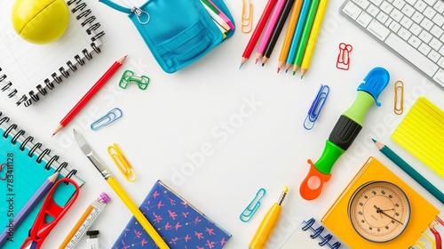 School supplies in a flat lay composition on a white background. A vibrant stationery frame. Return to top school idea. Top view, overhead.