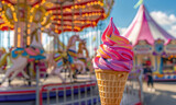 vibrant pink soft serve ice cream cone with bokeh carousel lights, summer vibe 