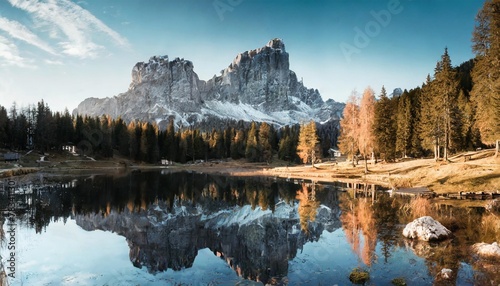 the beautiful nature landscape great view on federa lake early in the morning the federa lake with the dolomites peak cortina d ampezzo south tyrol dolomites italy popular travel locations photo