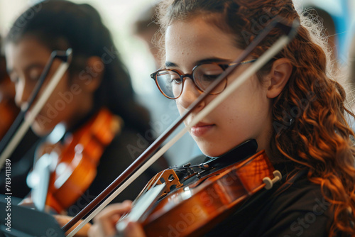 Young girl with glasses playing the violin photo