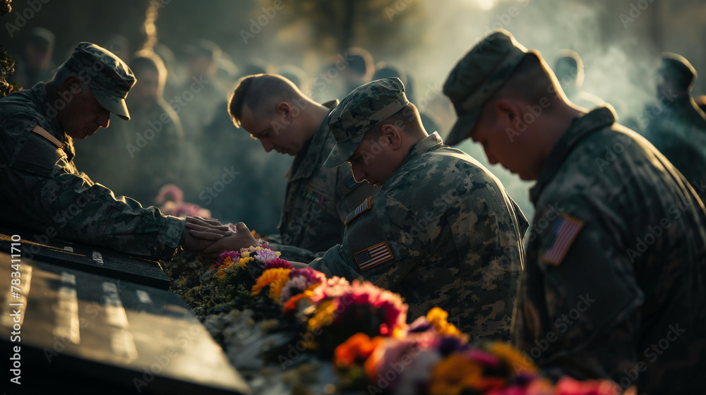 Veterans and active military personnel paying their respects at a beautifully decorated tomb, each placing a hand over their heart. The midday sun illuminates the scene, casting su - obrazy, fototapety, plakaty 