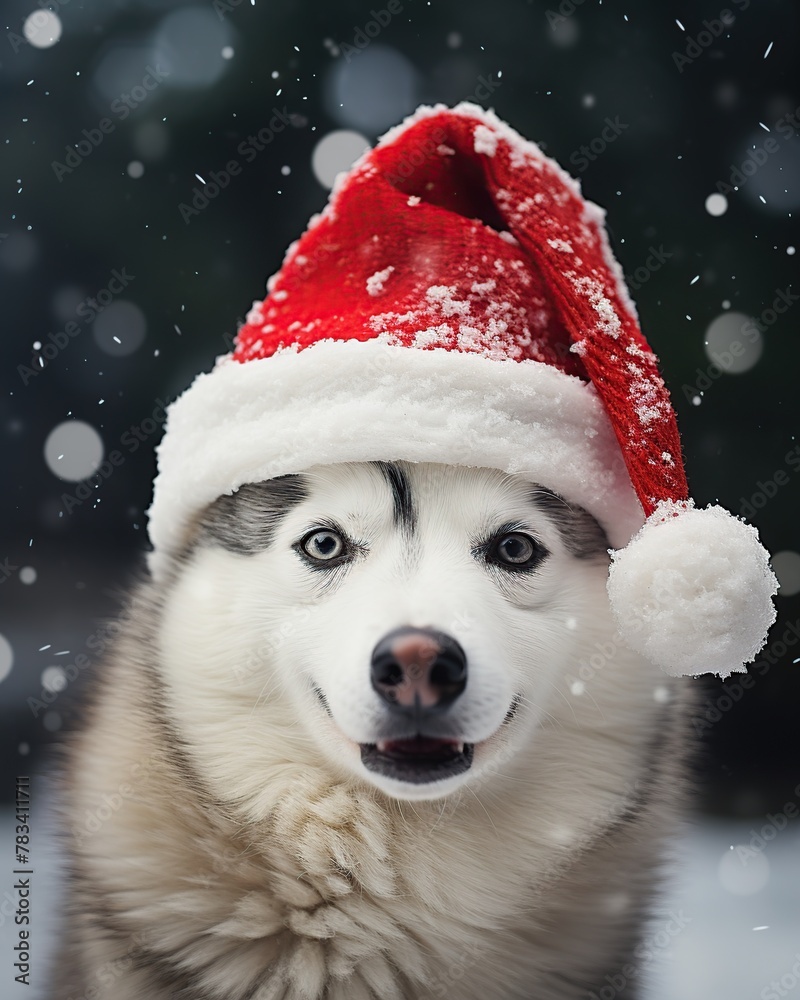 a Husky dog in a red Santa Claus hat on a background of snowfall a Husky dog in a red Santa Claus hat on a background of snowfall