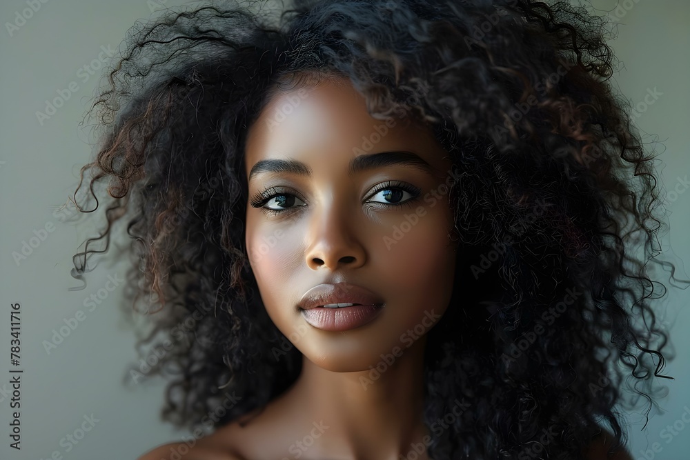 Elegant Portrait of a Woman with Curly Hair, Serene Expression. Concept Elegant Portrait, Woman, Curly Hair, Serene Expression