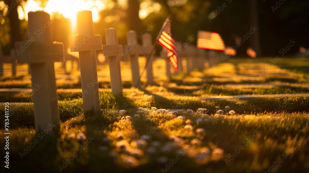 A solemn scene at a military cemetery where rows of anonymous graves are marked with white crosses and adorned with small American flags. The early morning light casts long, respec - obrazy, fototapety, plakaty 