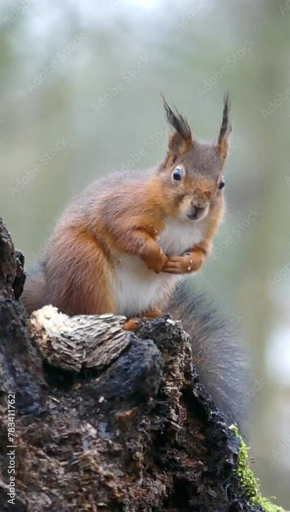 Vertical shot of a red squirrel standing on a tree and then jumping from it. Vertical shot of a red squirrel standing on a tree and then jumping from it.