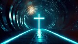 glowing neon cross in data stream tunnel futuristic virtual reality concept of faith and spirituality religious symbolism with modern digital aesthetic