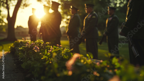 A wreath-laying ceremony at a memorial for unknown soldiers, with military personnel in dress uniforms. The early morning light casts soft shadows on the participants, highlighting
