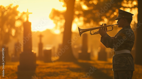 A young soldier playing taps on a bugle at a ceremony for unknown soldiers, with the notes echoing over a field dotted with unmarked graves. The backdrop of early morning light and photo