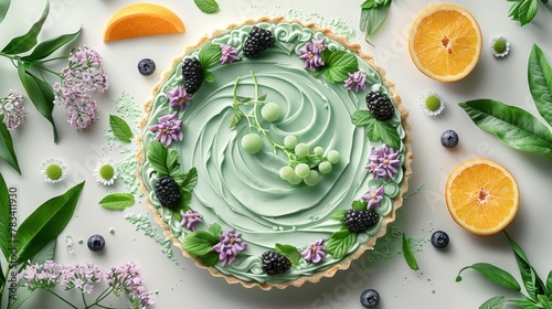  A pie with green frosting is situated on a white surface, encircled by an assortment of fruits and flowers Leaves and additional flowers gracefully surround the scene