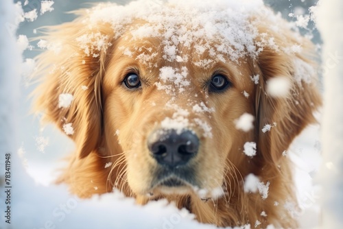 Golden Retriever dog in the snow in winter. Close-up.