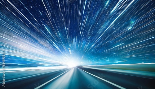 hyperspace speed effect in night starry sky bright blue galaxy horizontal background