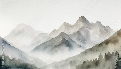 watercolor mountain range in light gray tones over white background with copy space