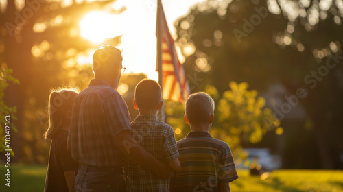 A veteran teaching his grandchildren about the importance of the flag, gathered with other veterans around a flagpole in a park. The natural light of the early evening bathes the g