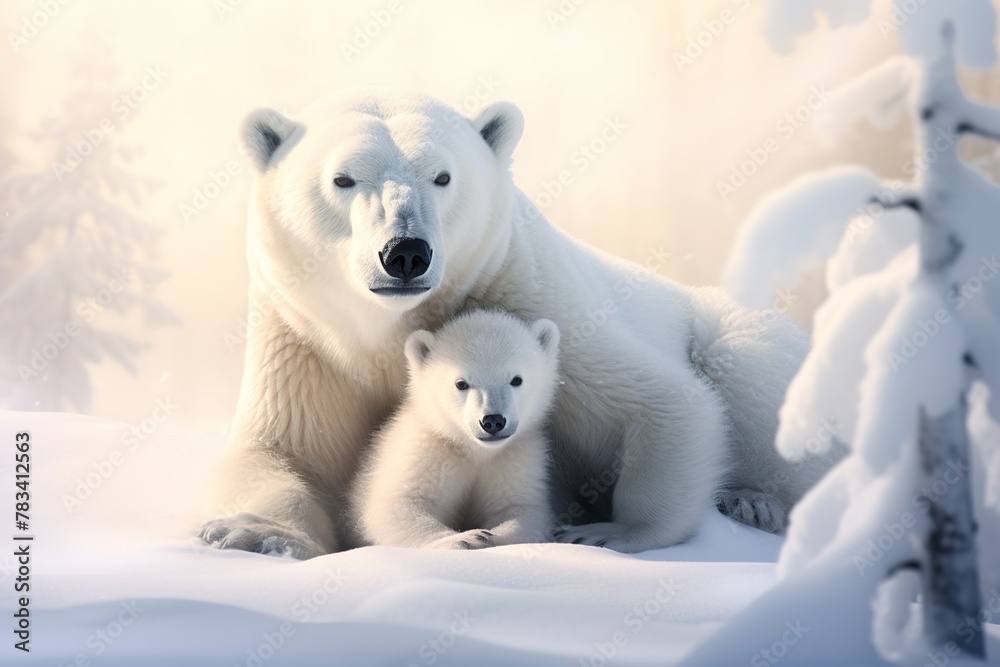 Polar bear (Ursus maritimus) mother and cub on the pack ice, north of Svalbard Arctic Norway.