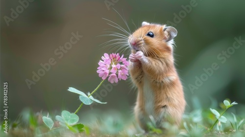   A small rodent, standing on hind legs, holds a pink flower between paws