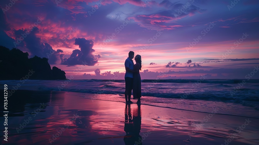 silhouette of a loving couple embracing on the beach at sunset gazing at a dreamy sky romantic evening atmosphere
