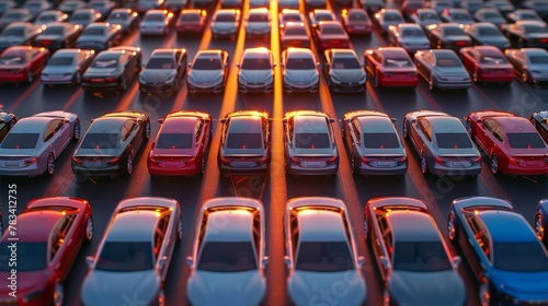 shiny new cars lined up in a dealership lot aerial view 3d render © Bijac