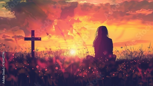 silhouette of a woman sitting on the grass praying in front of a cross at sunset spiritual concept illustration