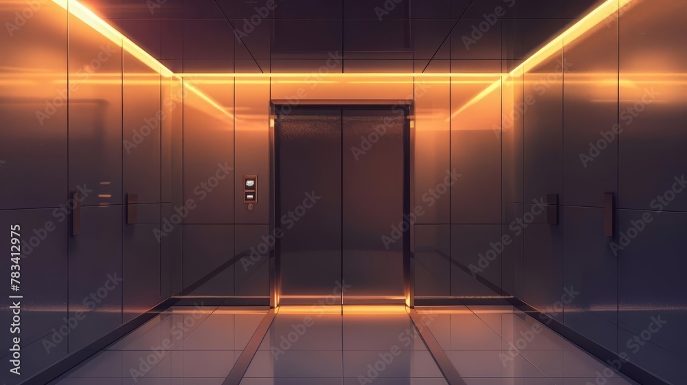 sleek modern elevator interior with polished surfaces and illuminated buttons digital illustration - obrazy, fototapety, plakaty 
