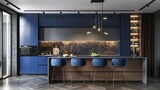 sleek minimalist kitchen interior with modern blue and khaki accents