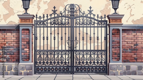 Gothic-style iron gate, brick wall, stone column, and ornate steel vector mansion entrance. Black Victorian grille on an antique, vintage facade. Classic iron gate illustration