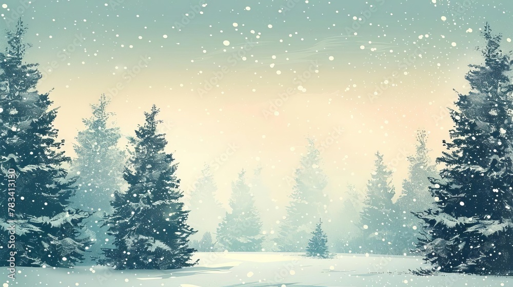snowy winter landscape with fir trees and vintage effect christmas holiday wallpaper illustration
